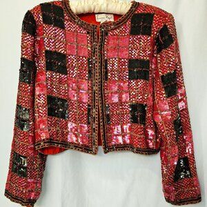 Laurence Kazar holiday party gala tartan plaid sequined rose-red jacket sz P-XL
